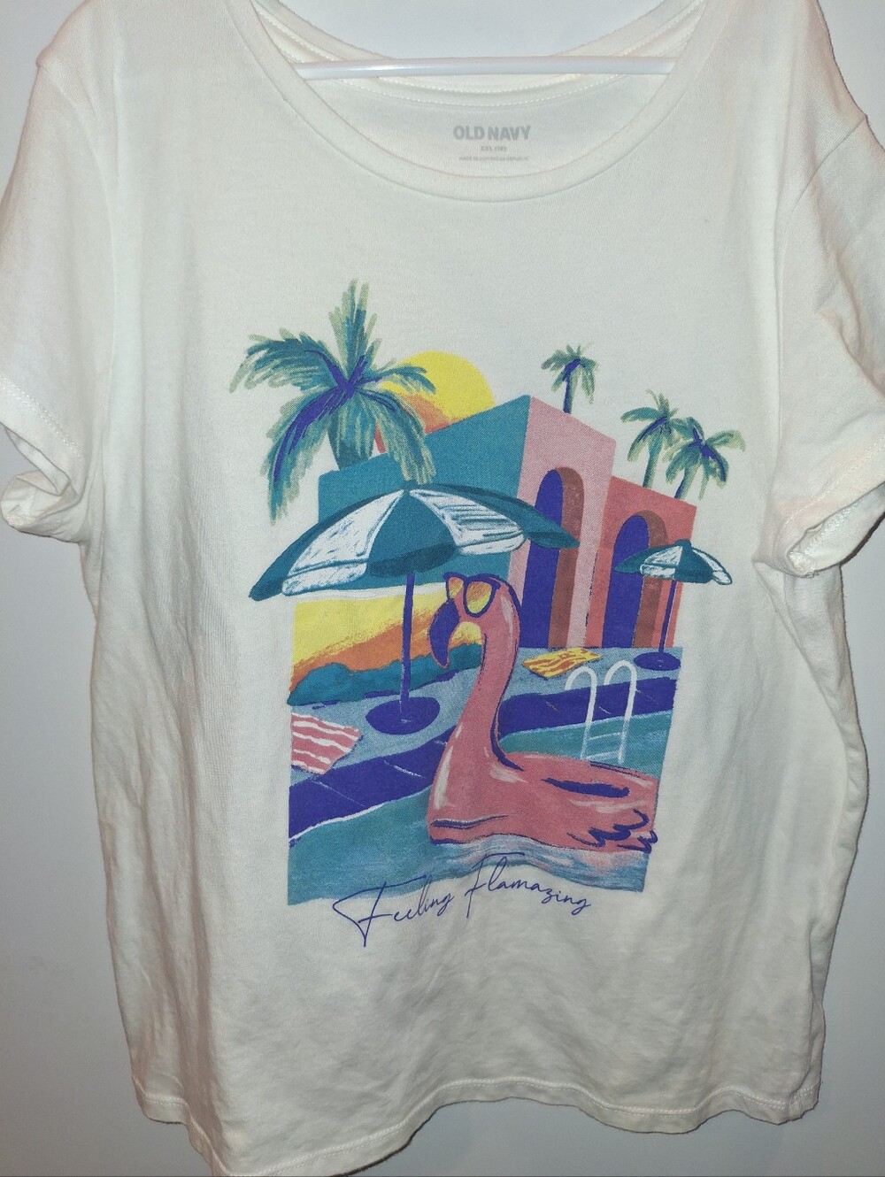 Old Navy White Short-Sleeve Tee with Pink Flamingo Pool Graphic